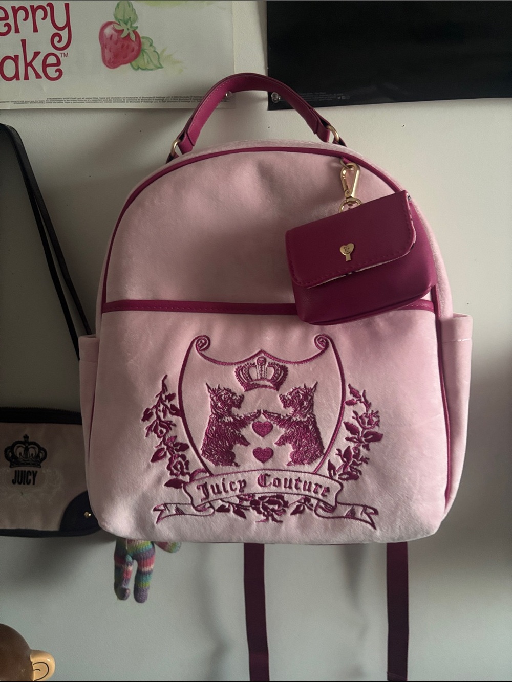 Juicy Couture Pink Velvet Crest Backpack with Magenta Coin Pouch